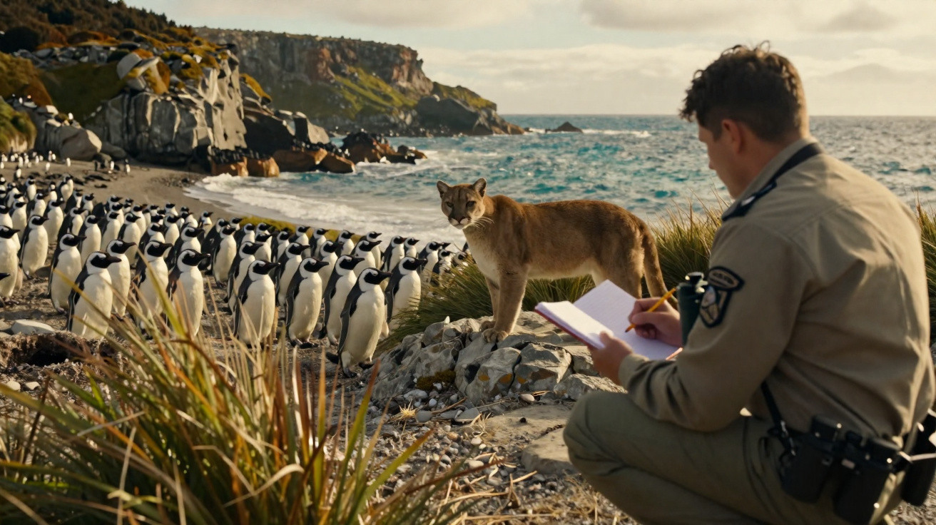 A wildlife officer observing and sketching a cougar watching a large group of penguins on a rocky beach.