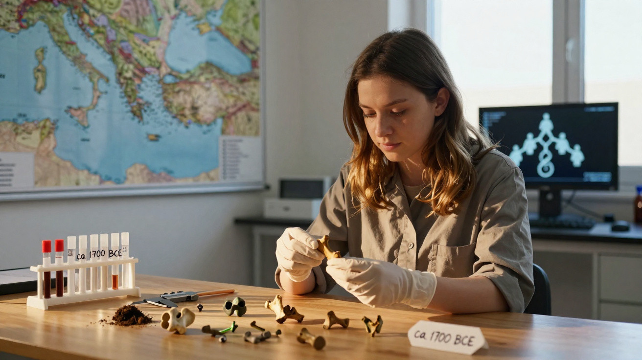 Female archaeologist examining ancient bone fragments in a laboratory with map and computer in the background.