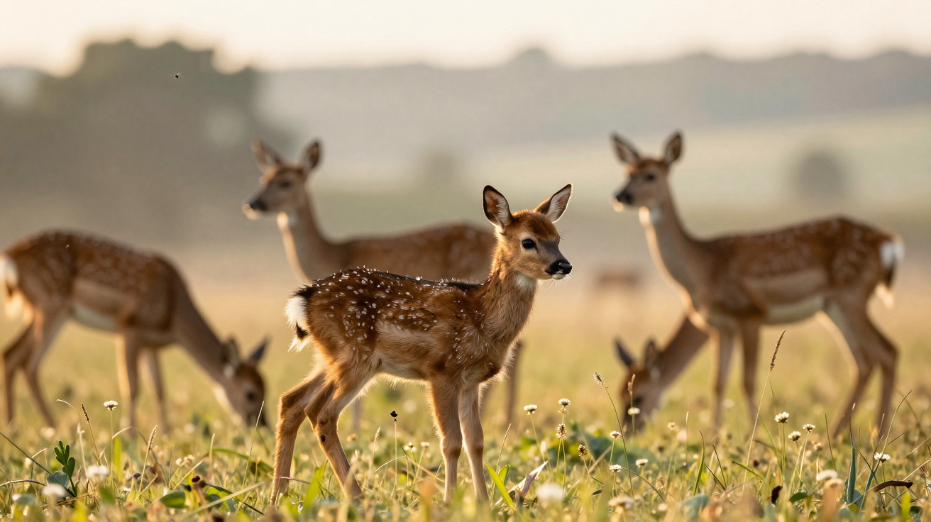 A group of young deer standing and grazing in a sunlit meadow with wildflowers.