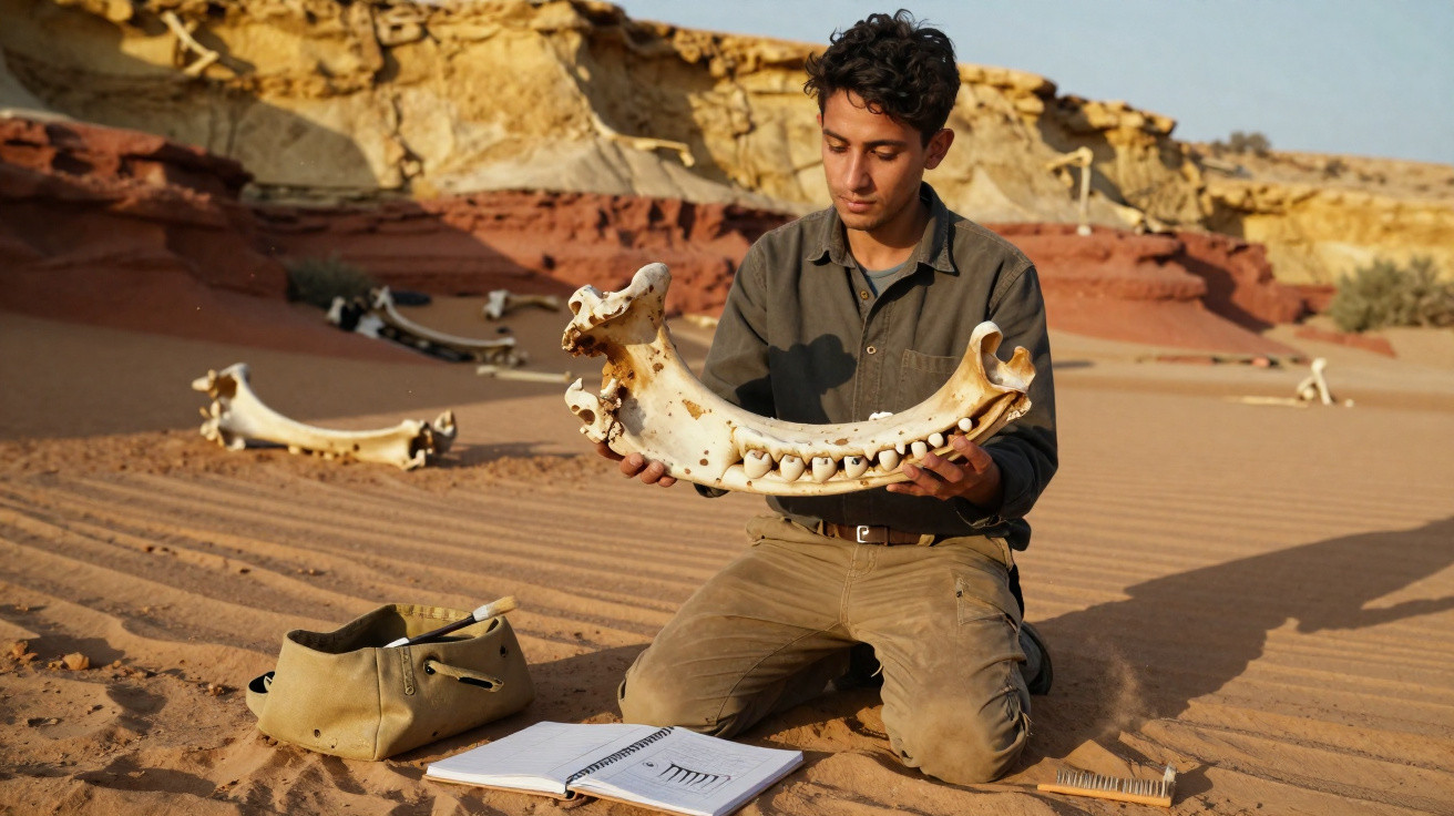 Man kneeling in desert examining a large animal jawbone with scattered bones and a notebook nearby.