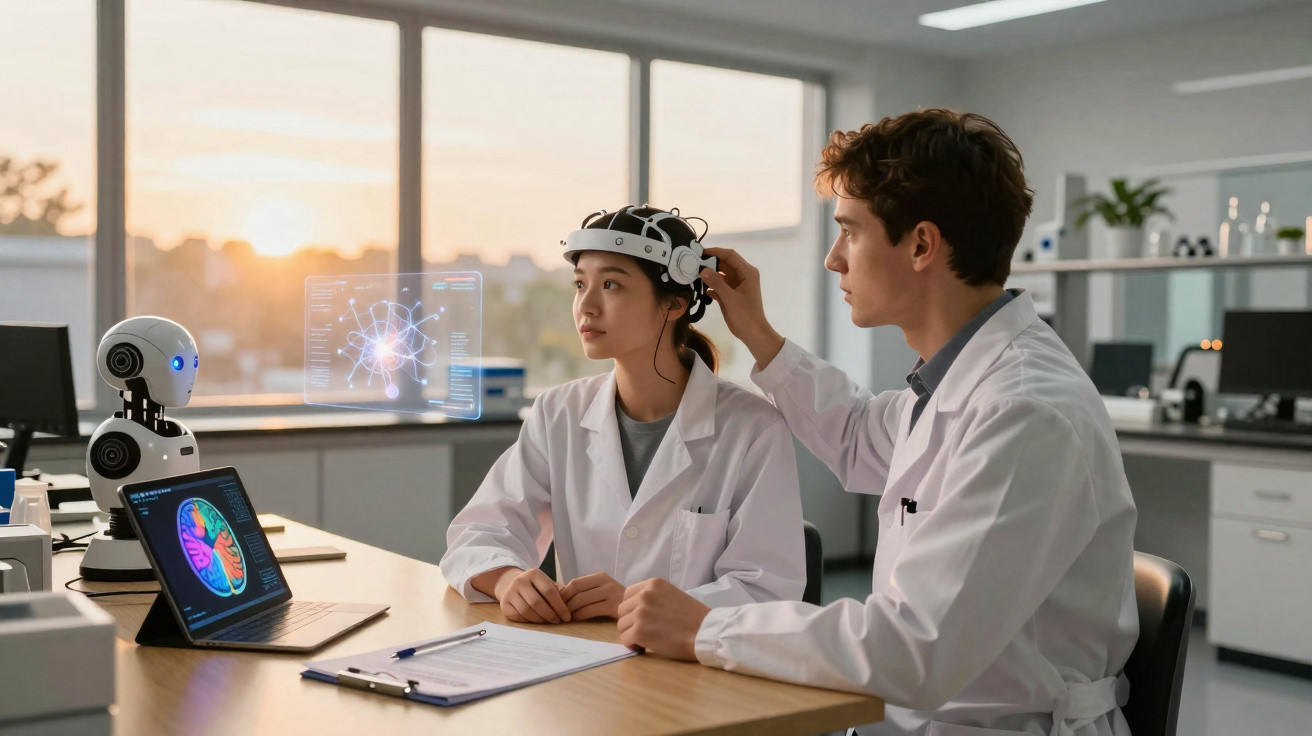 Scientists in lab coats conduct brain research using advanced neurotechnology and AI in a modern laboratory.