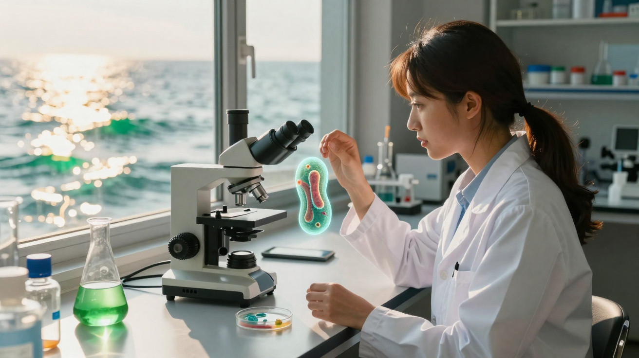 Scientist in white lab coat examining a digital image of bacteria near a microscope by a window overlooking the sea.