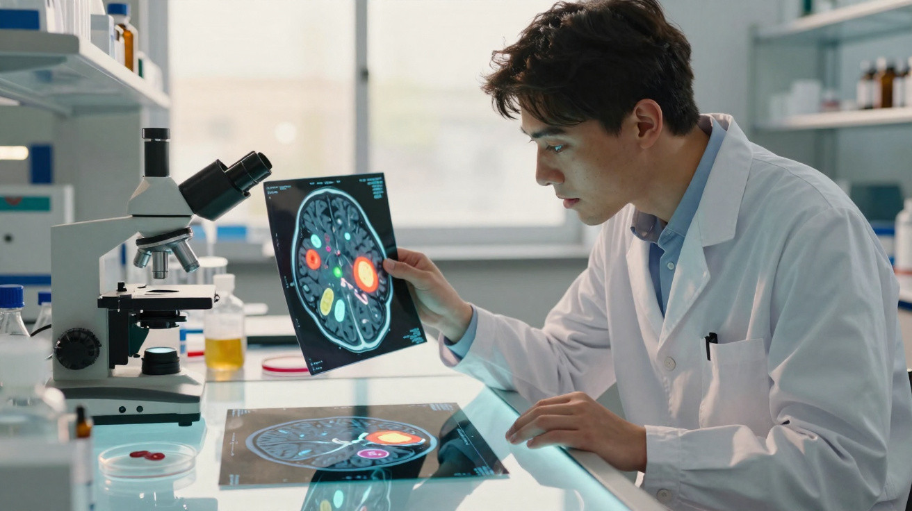 Scientist in a lab coat examining a coloured brain scan image near a microscope in a laboratory.