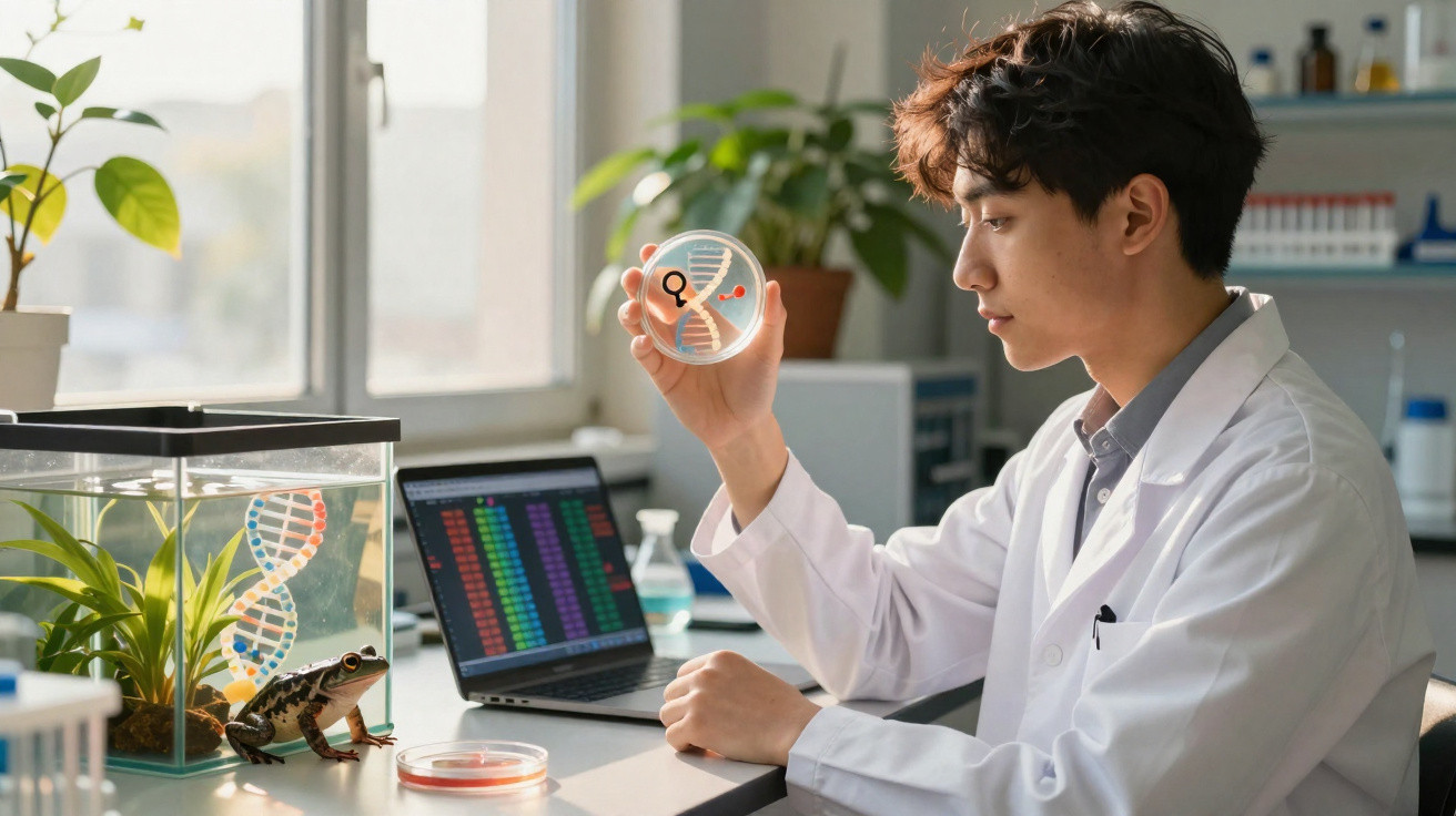 Scientist in a lab coat examining a petri dish with DNA graphics beside a frog and laptop on the desk.