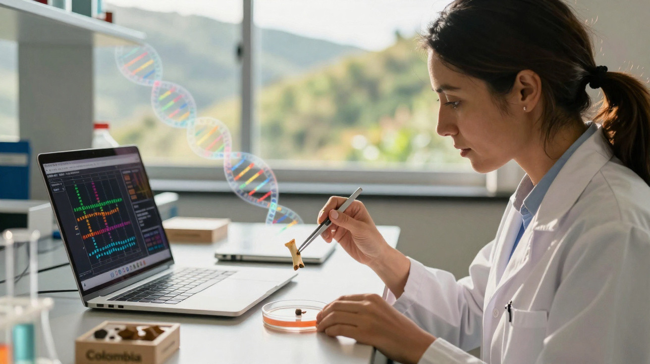 Scientist in a lab coat examines specimen with tweezers near a laptop showing DNA analysis.