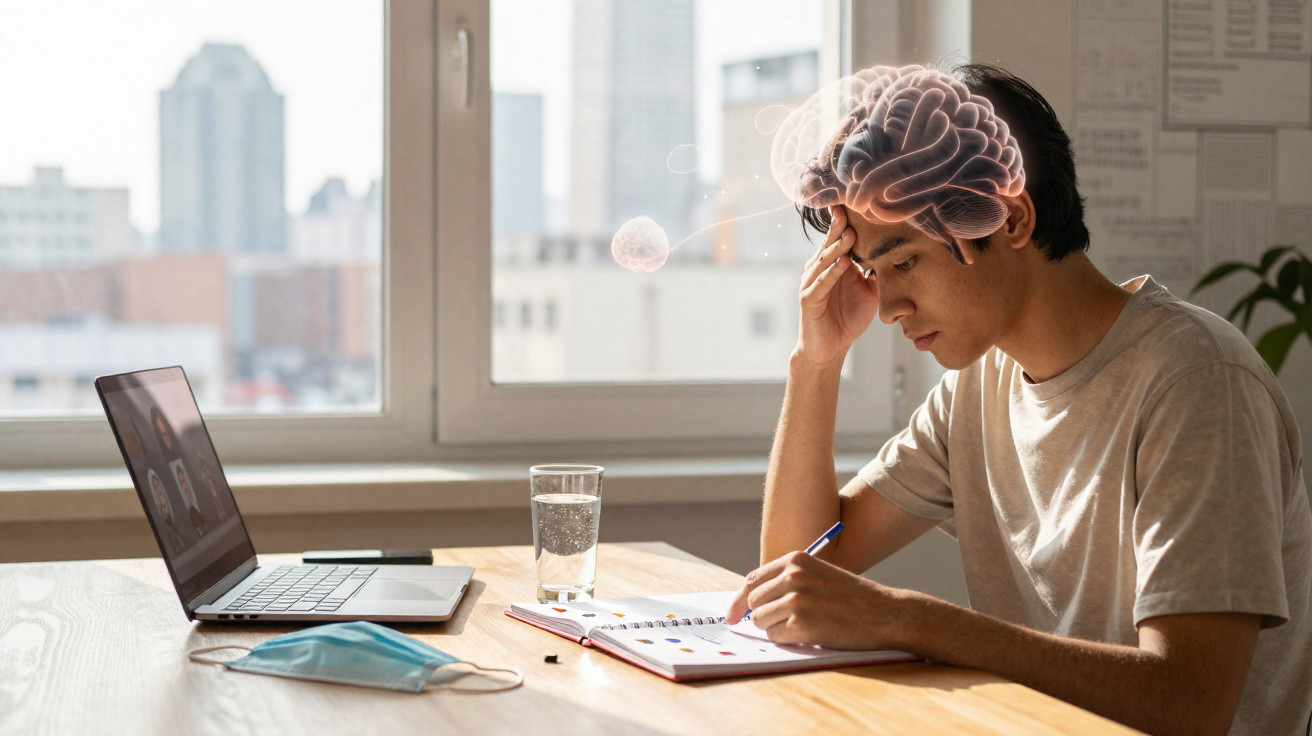 Young man studying at a desk with a laptop, notebook, and a digitally illustrated brain above his head.