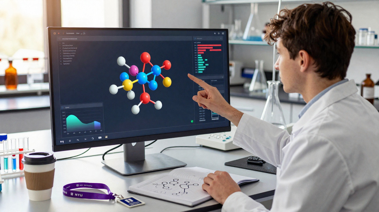 Scientist in lab coat analysing molecular model on computer screen and drawing chemical structures in lab.