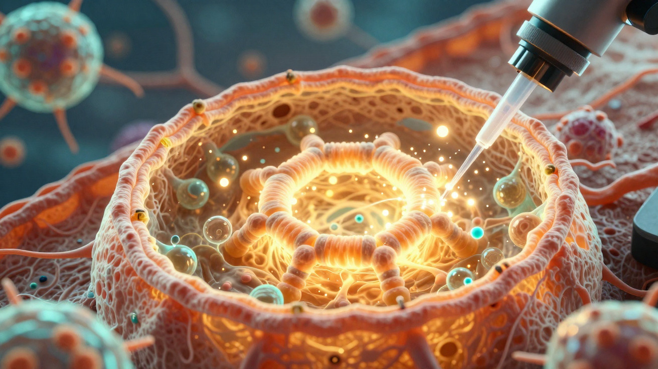 Microscope needle injecting glowing complex molecules within a detailed, translucent biological cell structure.