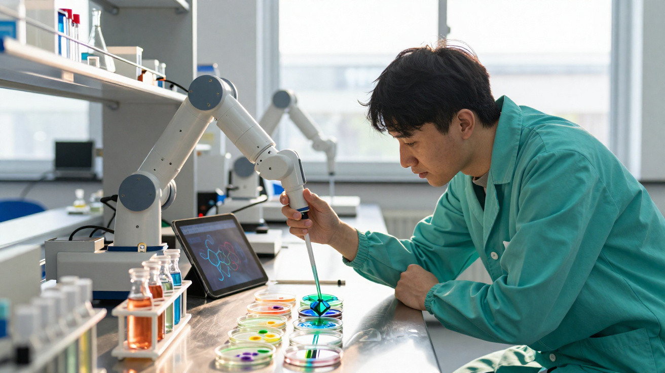 Scientist in green lab coat using pipette and robotic arm to work with colourful liquids in petri dishes in lab.
