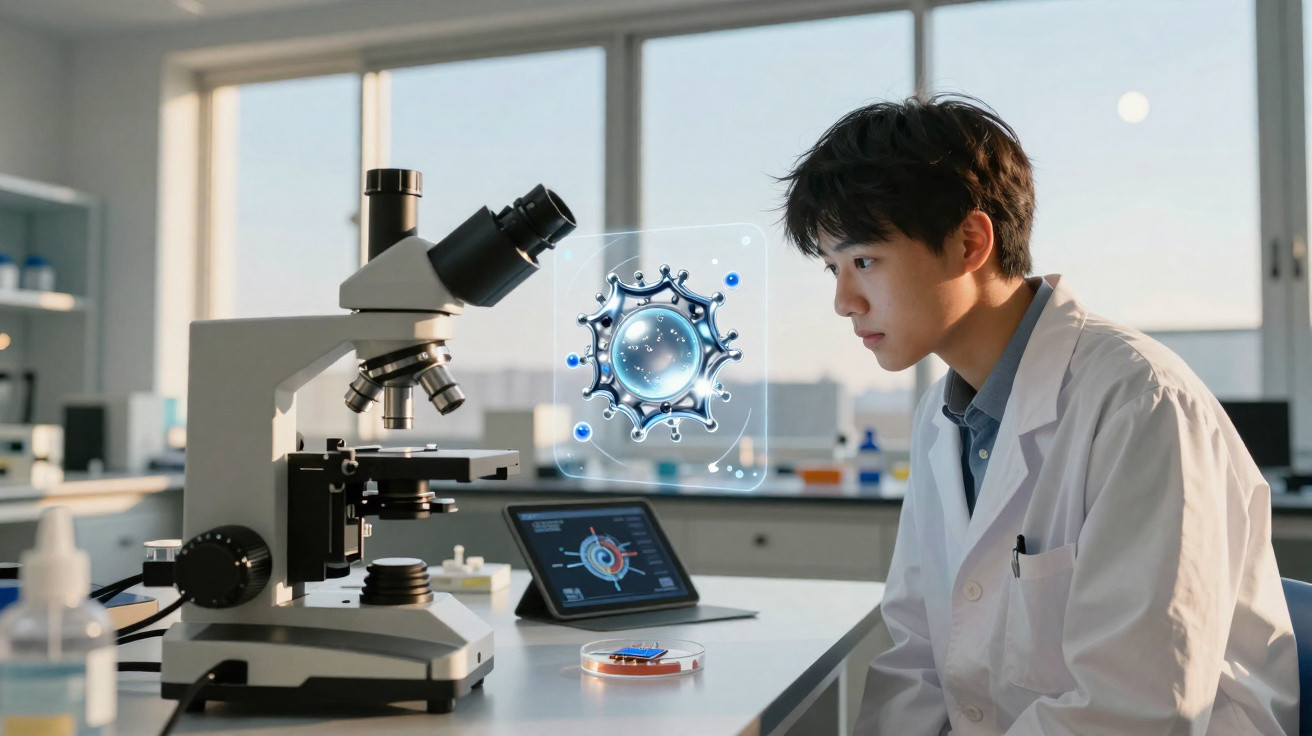 Scientist in a lab coat examining a 3D virus model projected above a microscope in a modern laboratory.