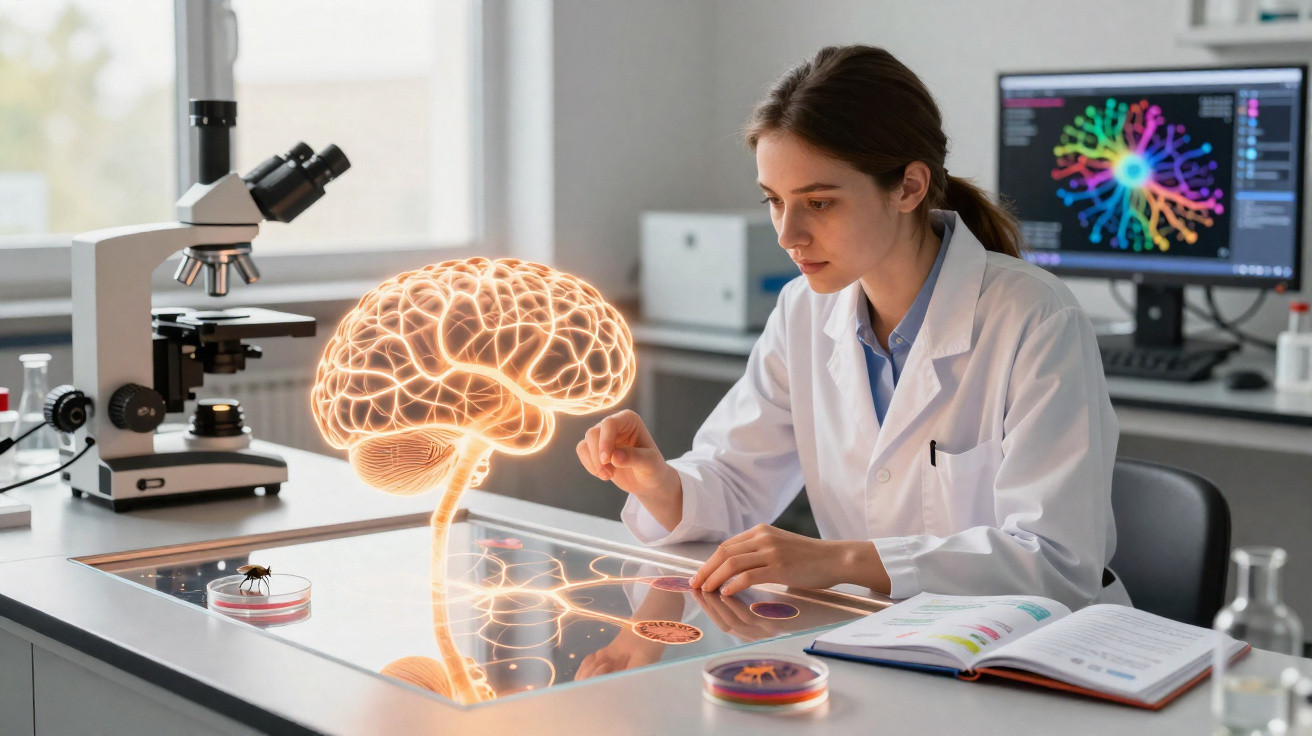 Scientist in lab coat examining a digital hologram of a brain and neurons on a lab table with microscope.