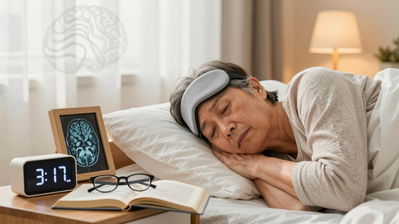 Elderly person sleeping in bed with eye mask, bedside table shows clock, open book, glasses, and brain scan photo.