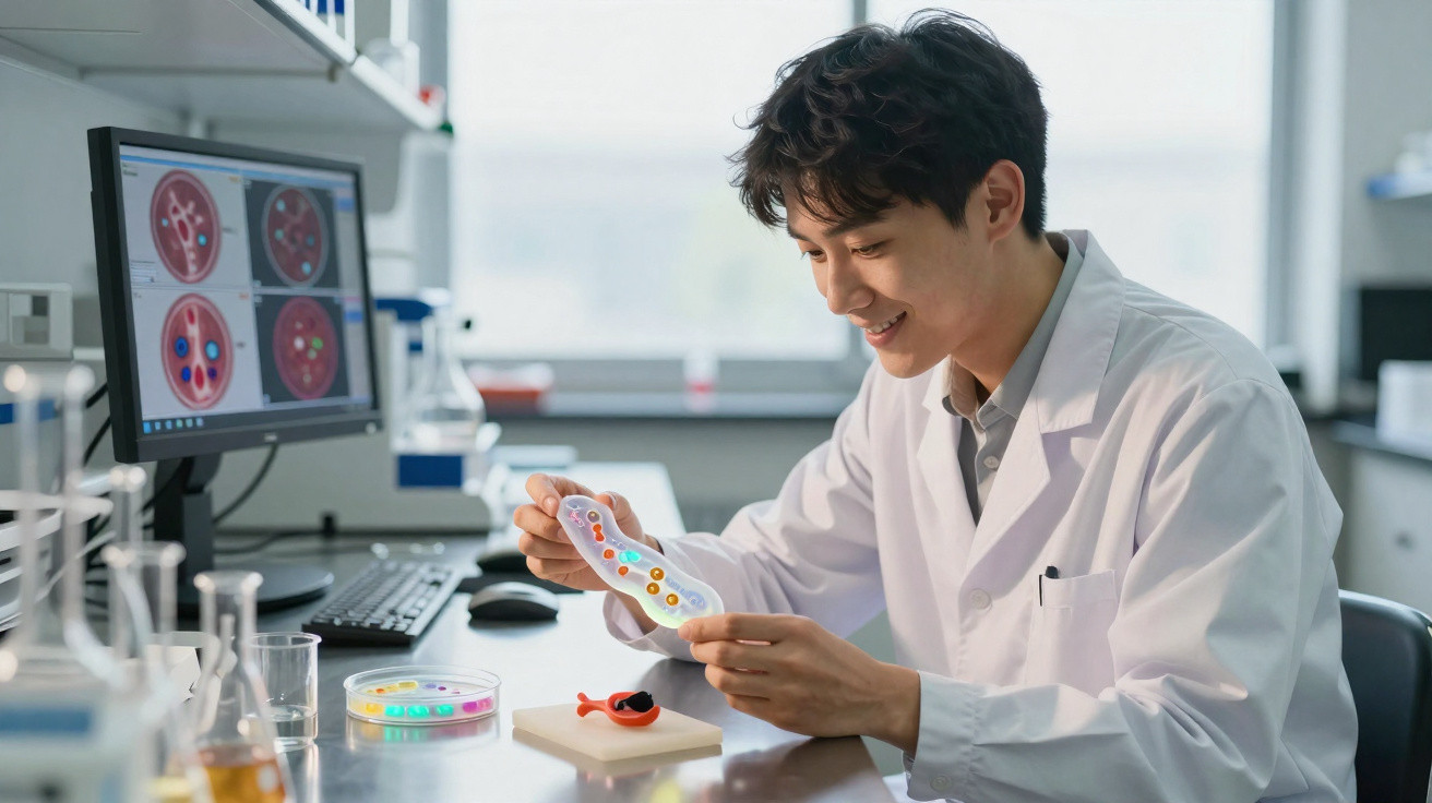 Scientist in a lab coat examining a colourful periodic table model with microscope images on a computer screen nearby.