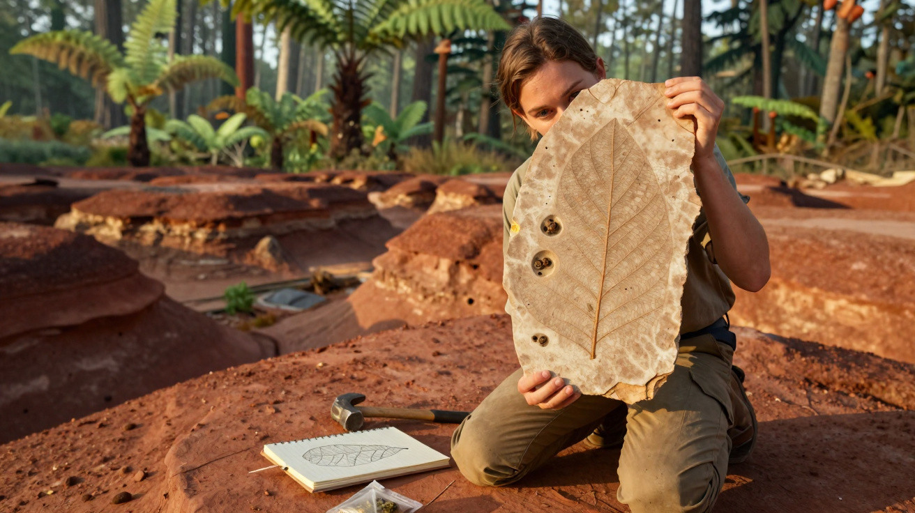 Person kneeling outdoors holding a large fossilised leaf with tools and a leaf sketch on the ground.