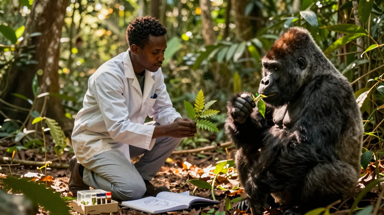 Scientist in a white coat studying leaves with a gorilla in a sunlit forest.