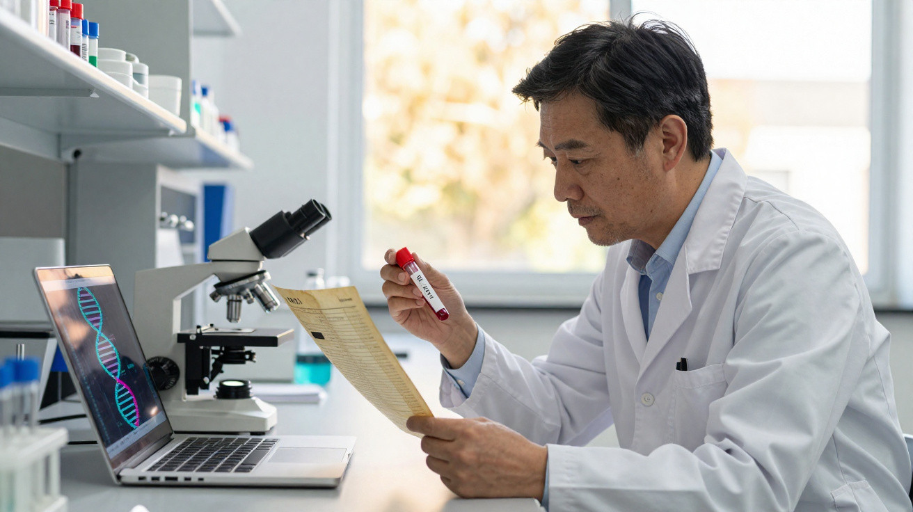 Scientist in a lab coat examining a blood sample and document, with a DNA image on the laptop screen.