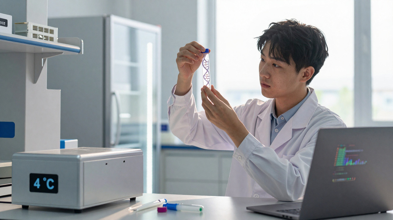 Scientist in lab coat examining DNA model near laptop and equipment showing 4°C in laboratory.