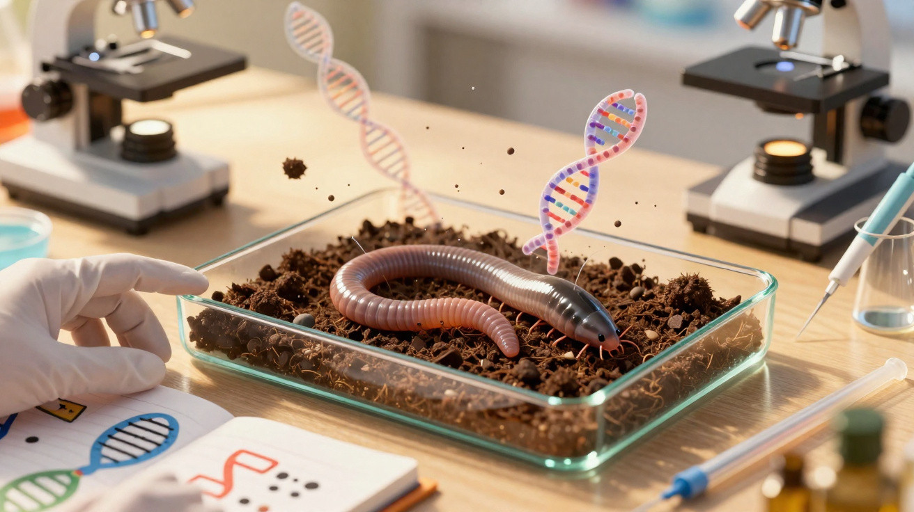 Close-up of an earthworm in soil under a glass dish with DNA strands and microscopes in a laboratory setting.