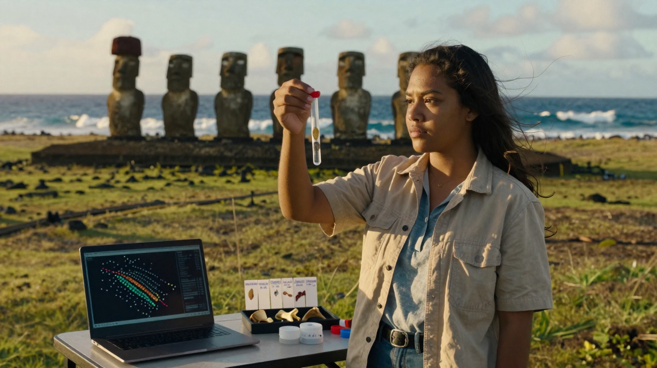 Woman holding a test tube beside a laptop and samples with Easter Island statues in the background.