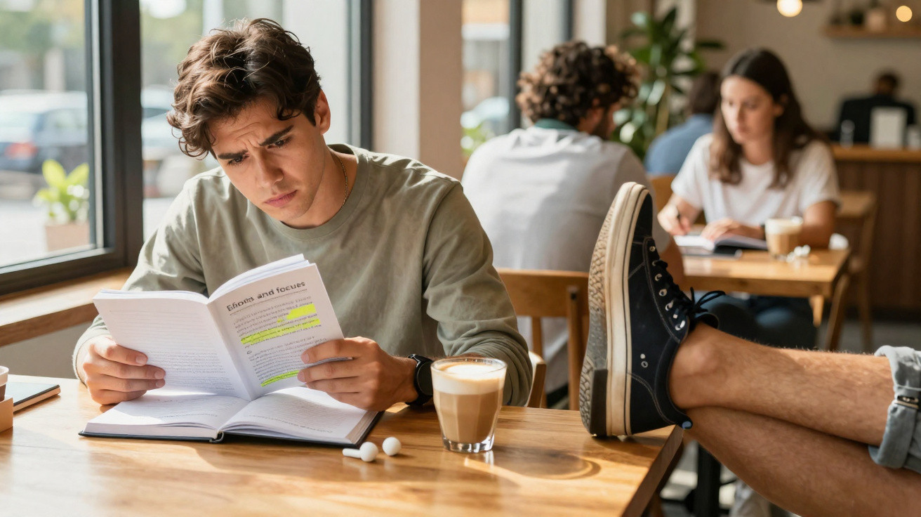 Young man intensely studying with a book, coffee, and earbuds at a wooden table in a cafe.