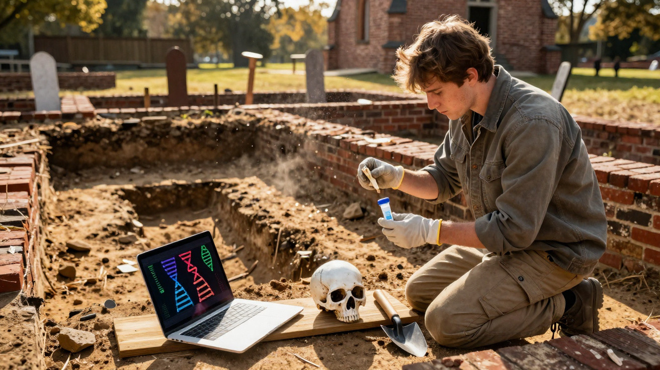 Archaeologist analysing a sample with a laptop showing DNA strands next to a skull in an excavation site.