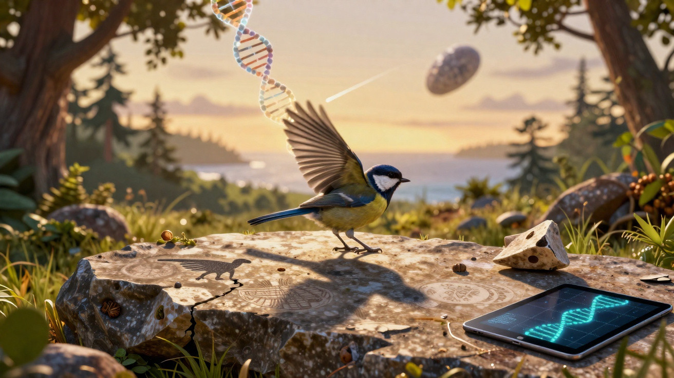 A blue tit bird spreading its wings on a stone slab displaying a digital DNA strand on a tablet in a forest.