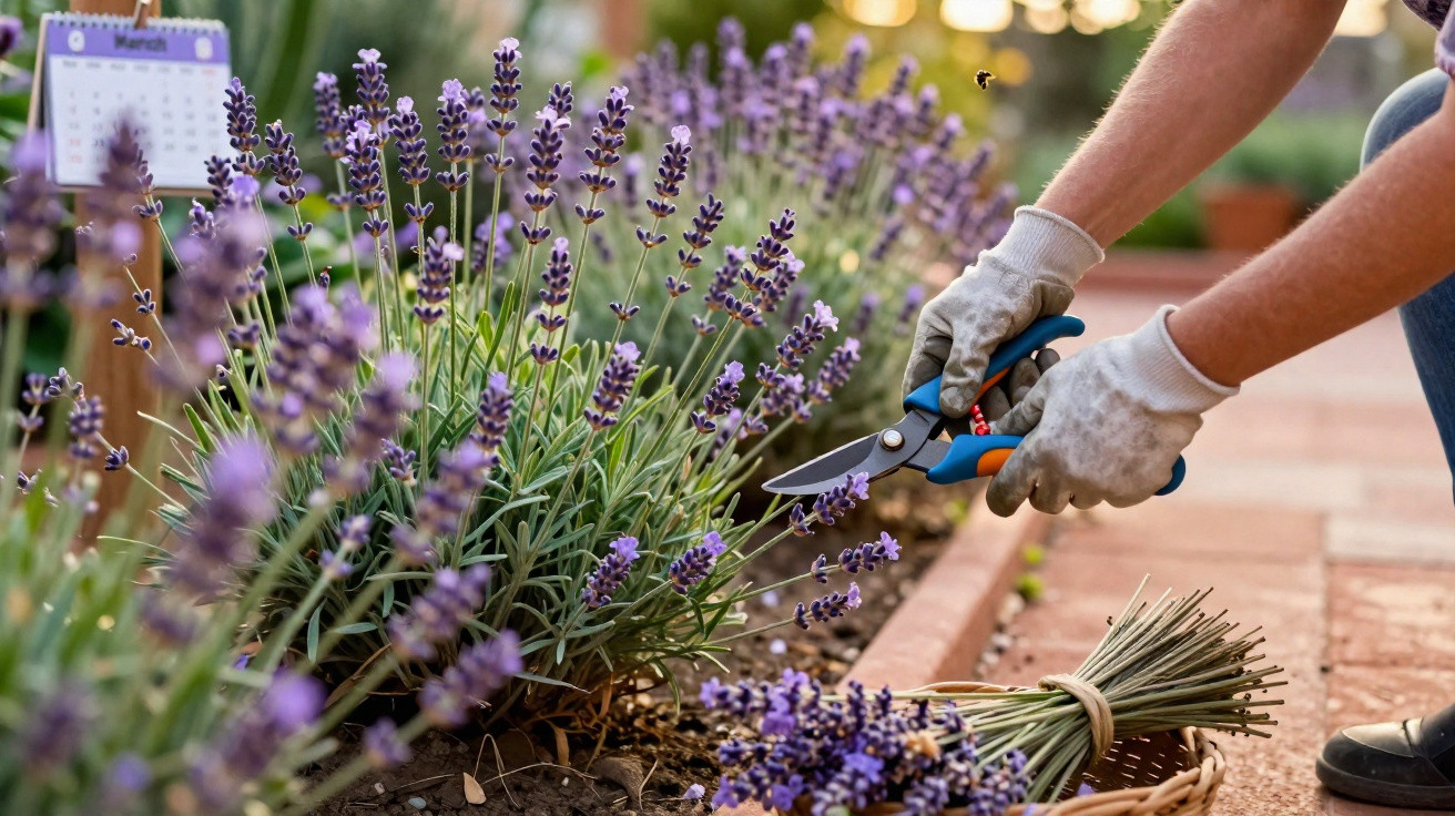 Person wearing gloves pruning lavender flowers with garden shears in a sunlit garden.
