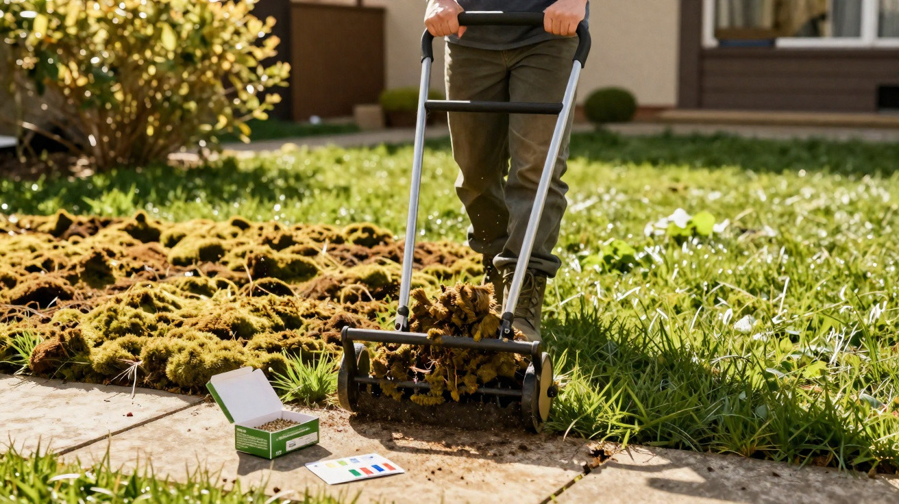 Person using a manual lawn dethatcher to remove moss from a grass lawn near a house.