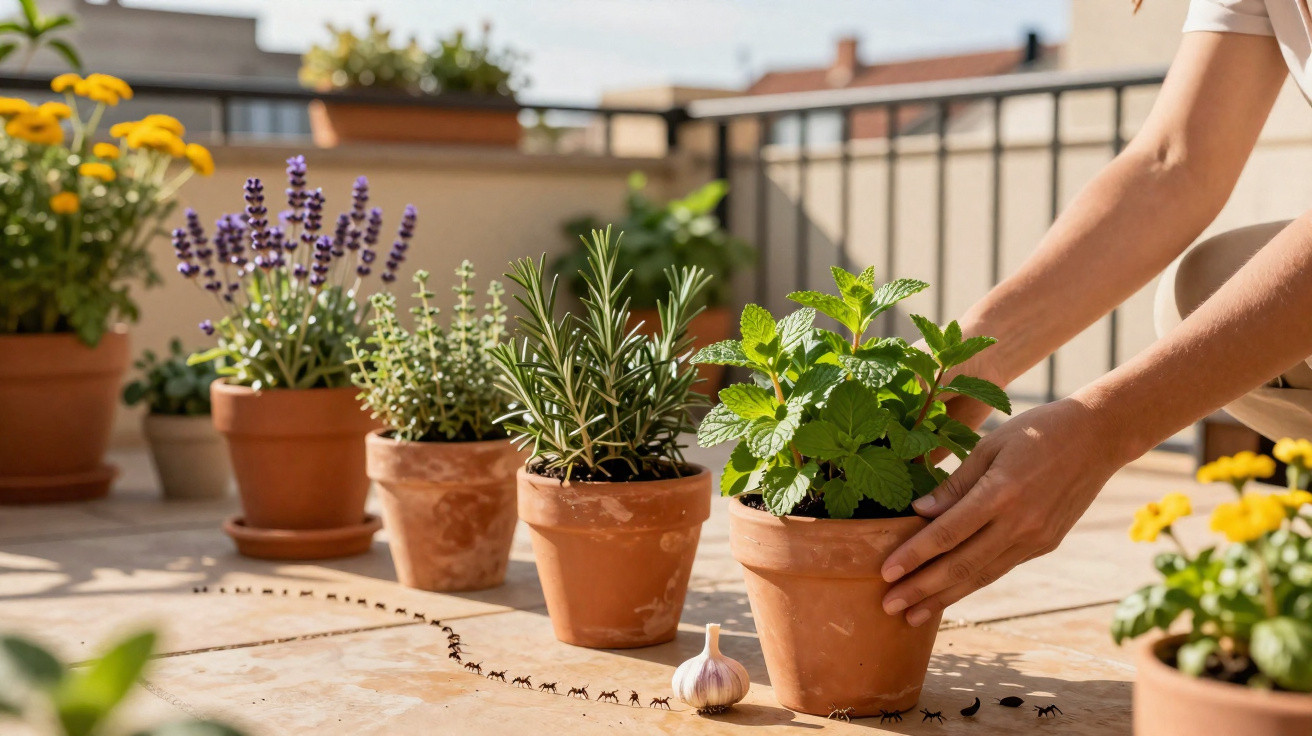Hands tending a row of terracotta pots with herbs on a sunlit balcony table with a garlic bulb nearby.