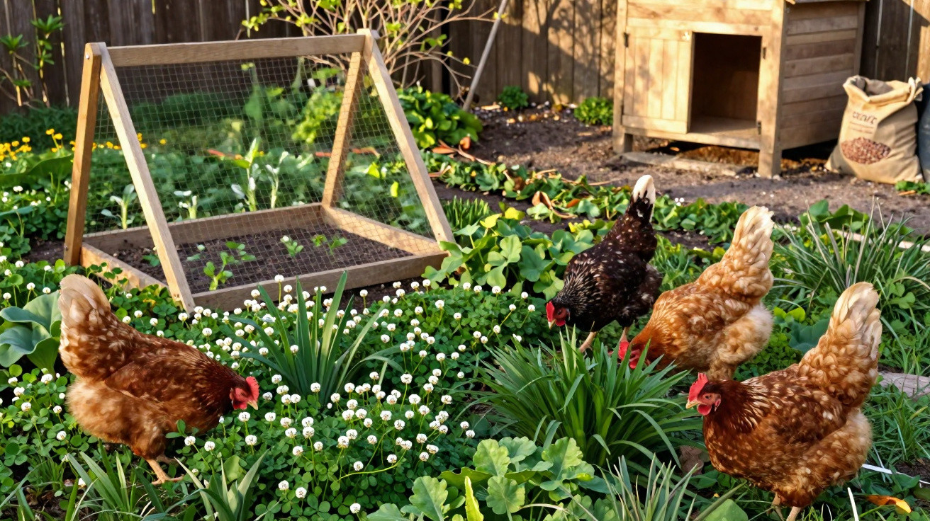 Four chickens pecking among green plants and flowers in a garden with a wooden coop and mesh frame nearby.