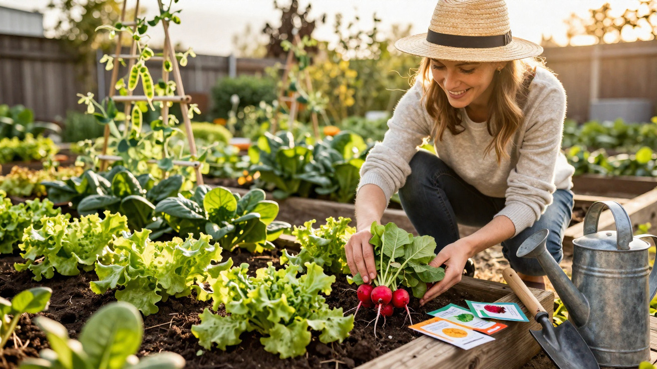 Woman in a straw hat harvesting fresh radishes in a lush vegetable garden on a sunny day.