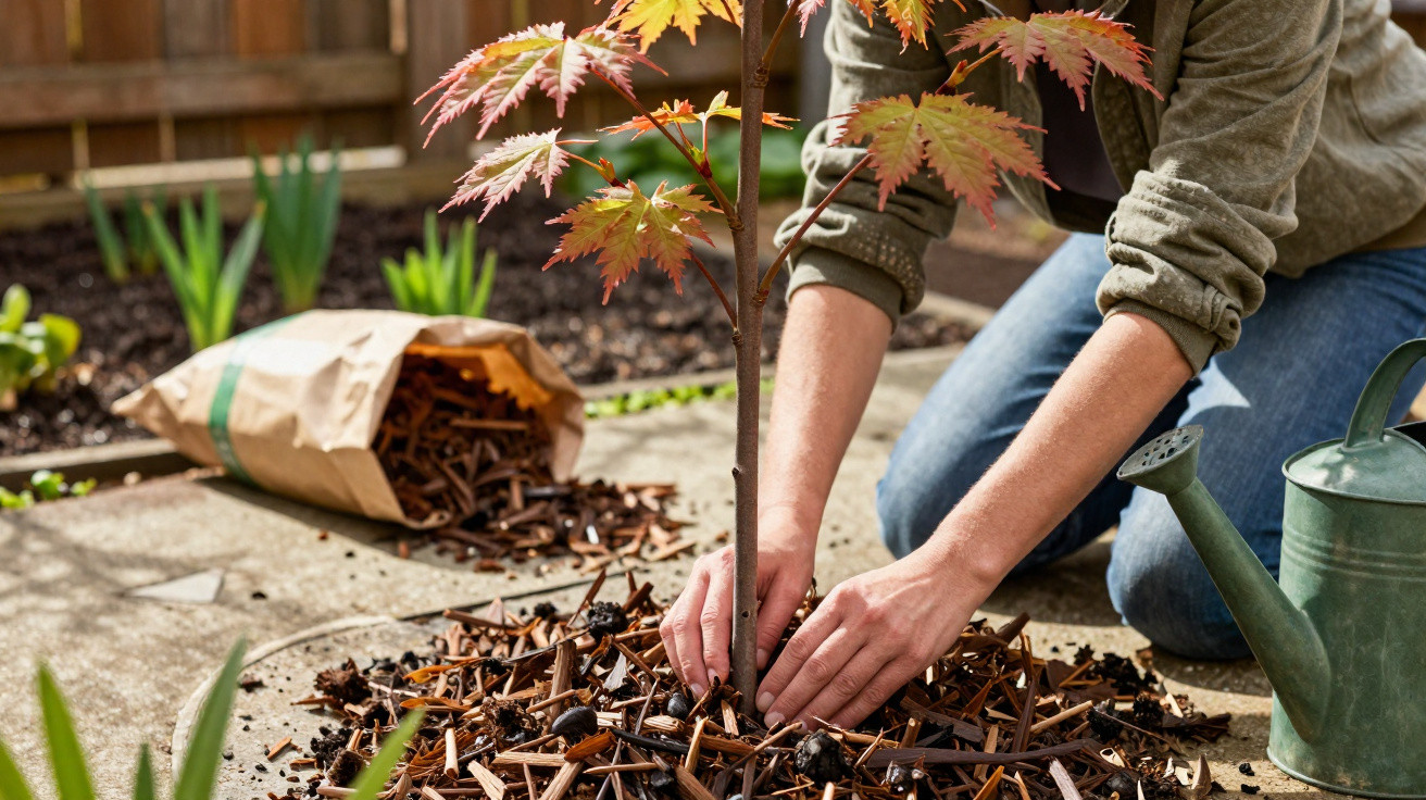 Person mulching around a young tree in a garden with a watering can nearby on a sunny day.