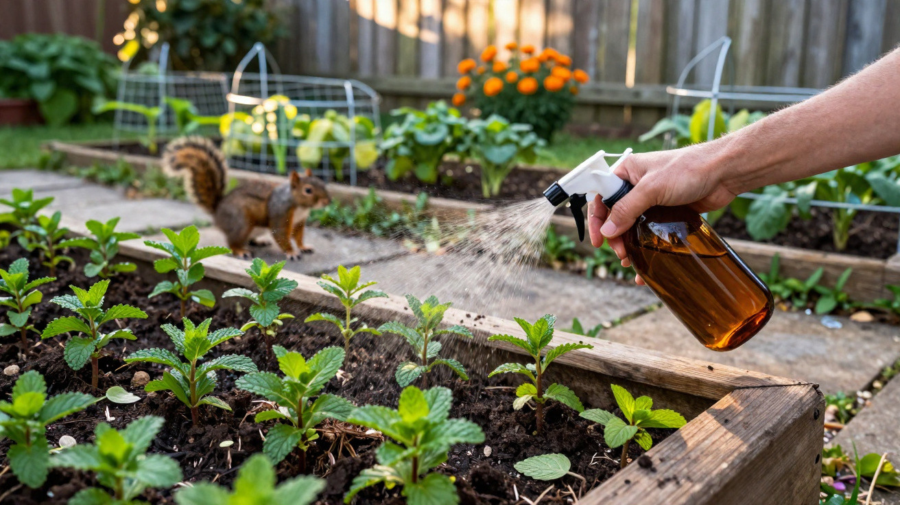 Hand spraying plants in a garden bed with a squirrel in the background near a wooden fence.