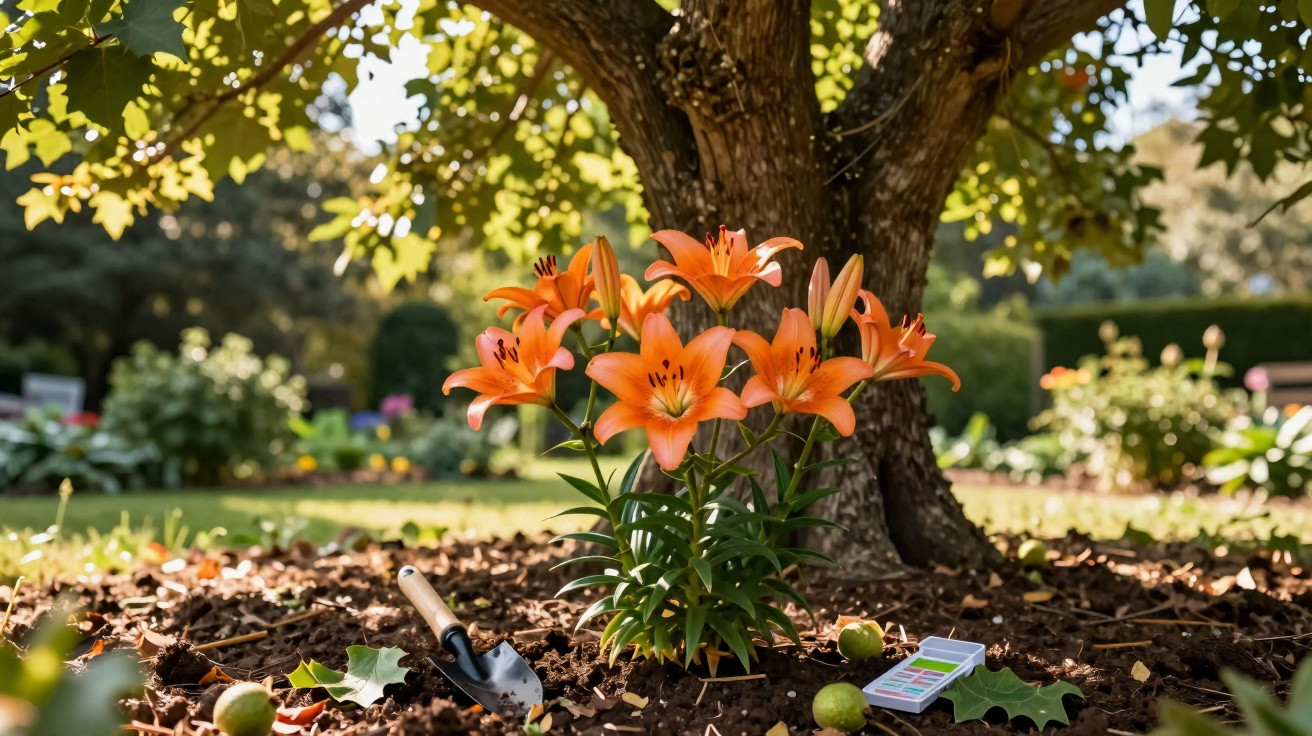 Orange lilies blooming under a tree with a garden trowel and pH test strips on soil in sunlight.