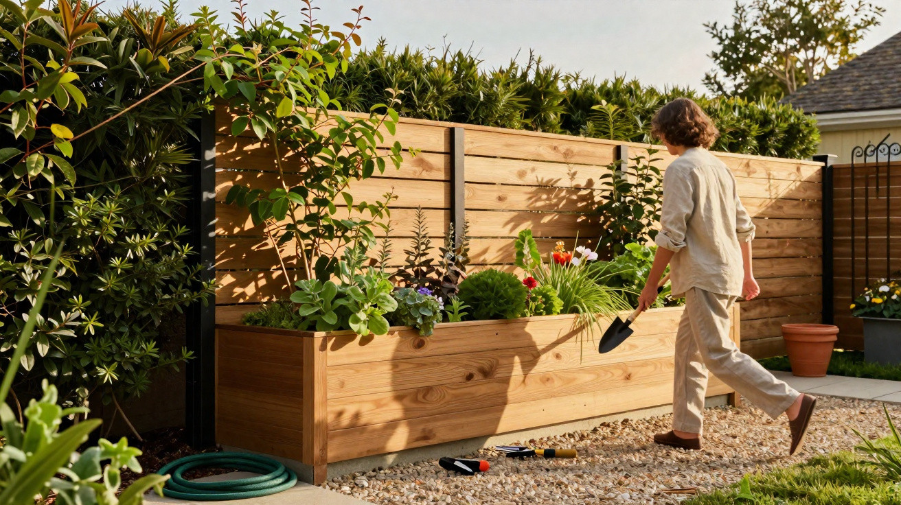 Person tending to plants in a wooden raised garden bed on a pebbled patio in a sunny backyard.