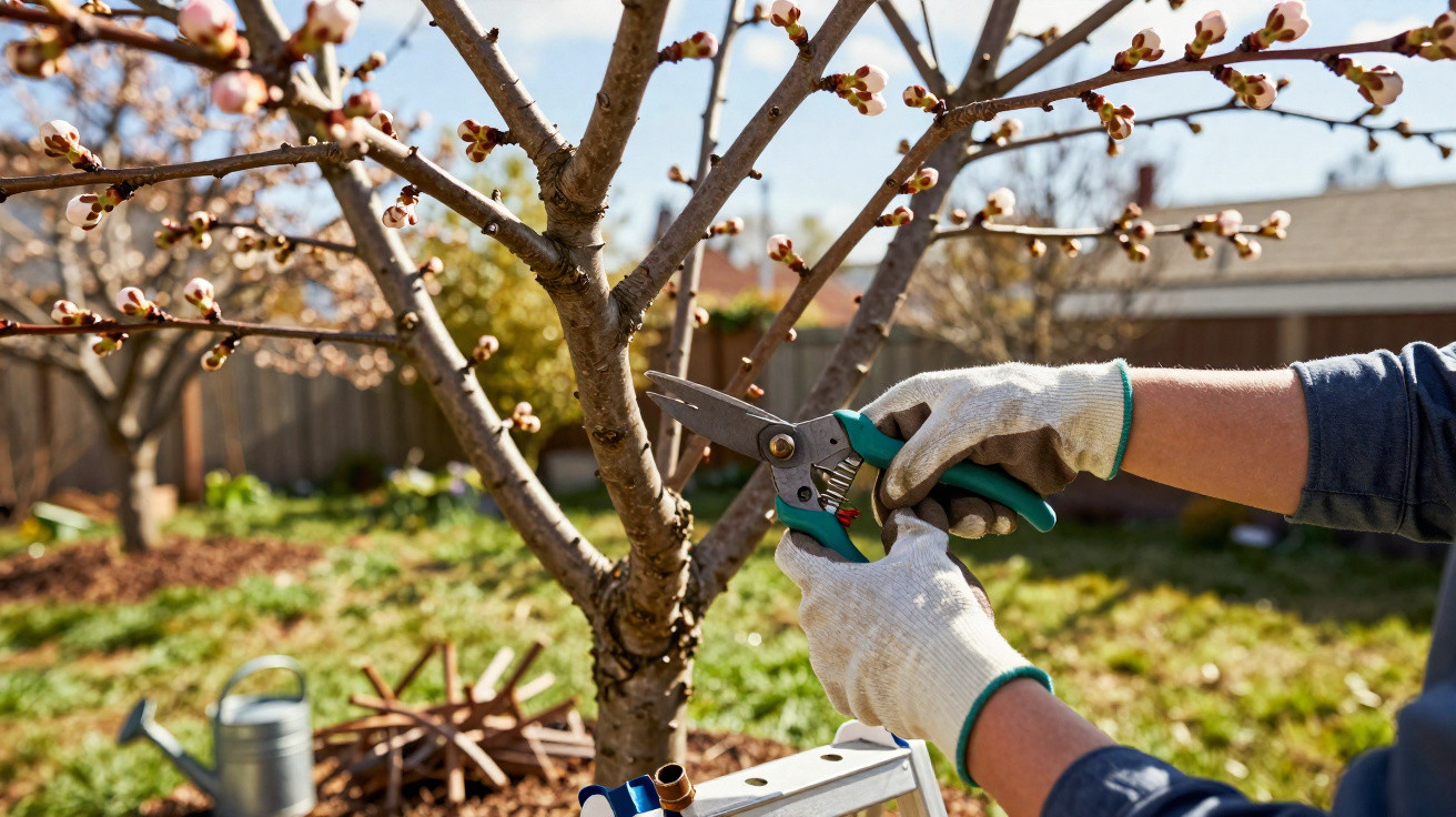 Person wearing gloves pruning a blossoming tree with garden shears in a sunny backyard.