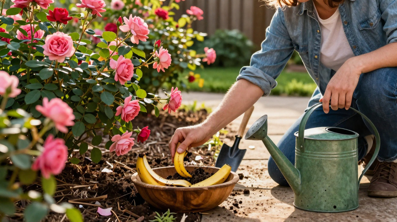 Person gardening placing banana peels in a wooden bowl next to pink rose bushes and a green watering can.