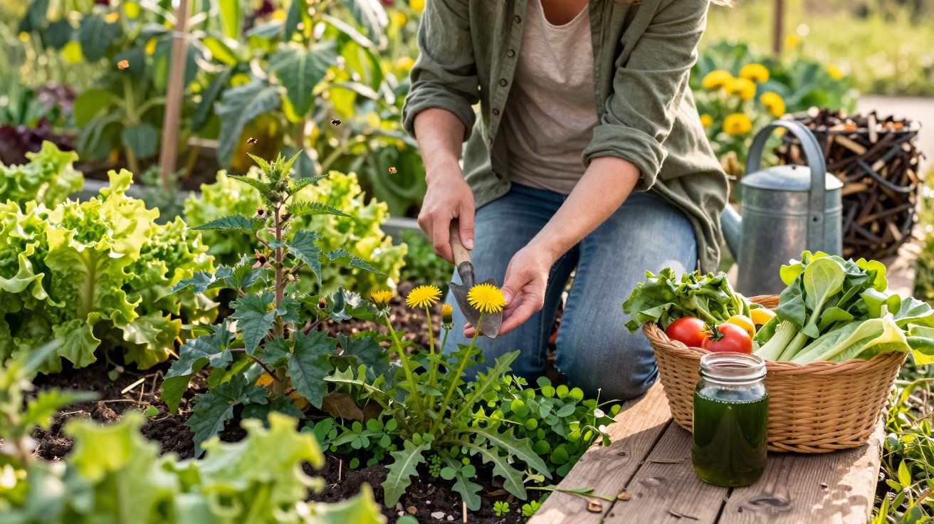 Person weeding a garden bed with fresh vegetables and juice on a wooden bench nearby.