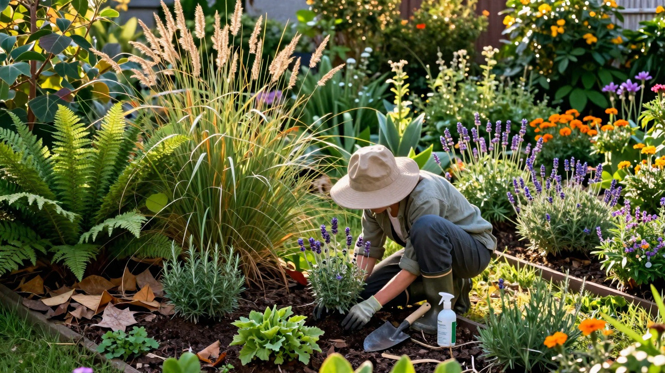 Person wearing a hat gardening among colourful flowers and green plants in a sunny garden bed.