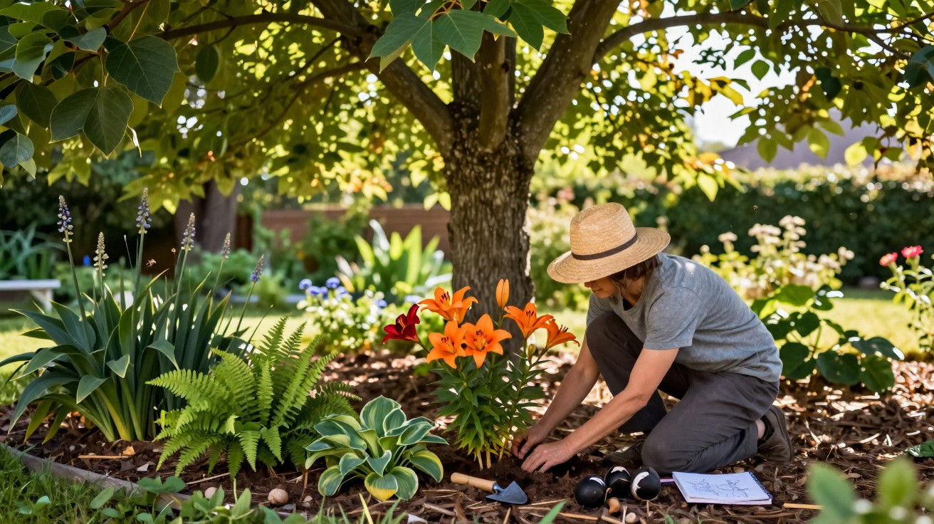 Person wearing a straw hat gardening and planting flowers under a tree in a sunny, well-maintained garden.