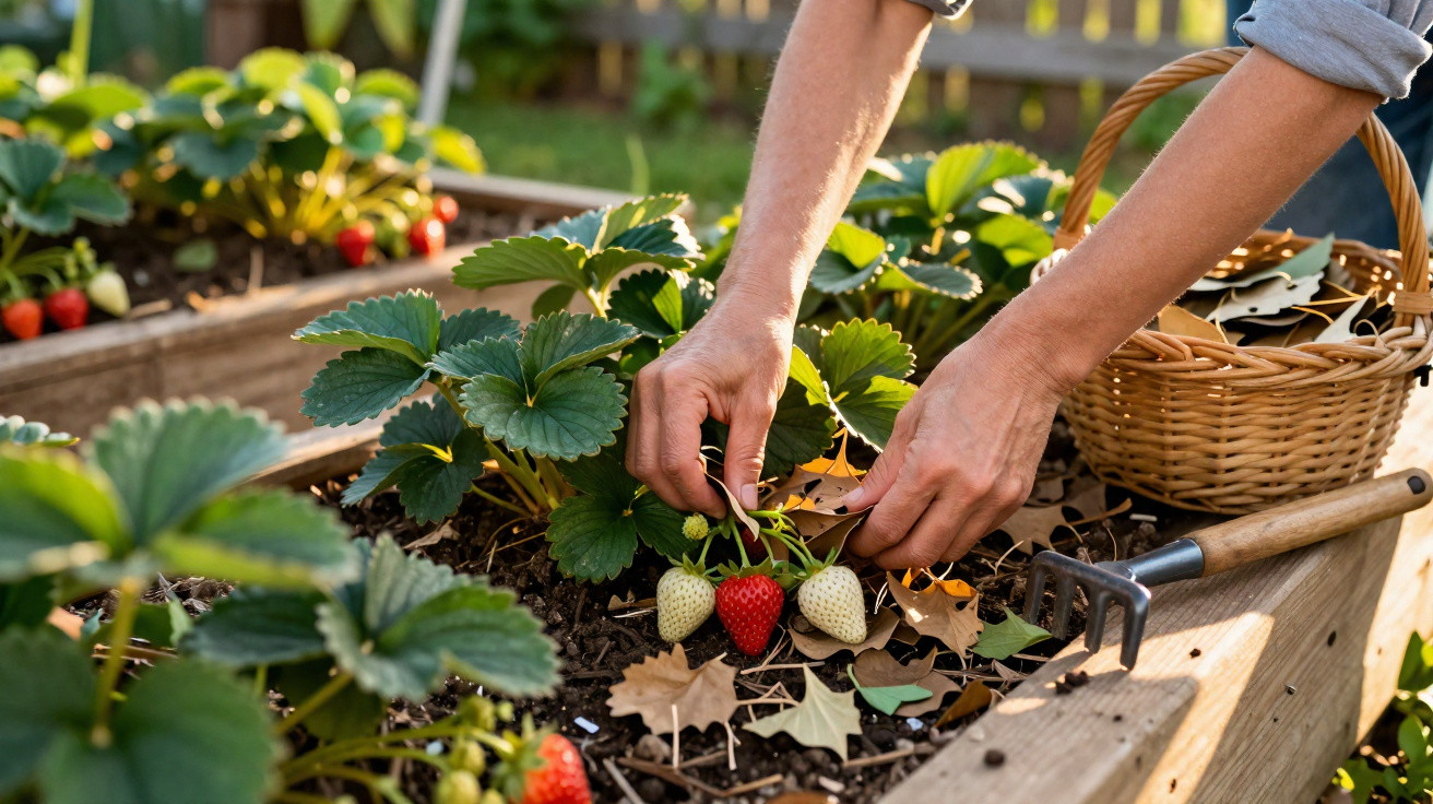 Hands tending to a strawberry plant with ripe and unripe strawberries in a raised garden bed with a wicker basket nearby