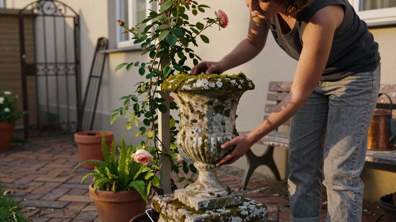 Person tending to a moss-covered stone planter with flowers in a sunlit garden patio.