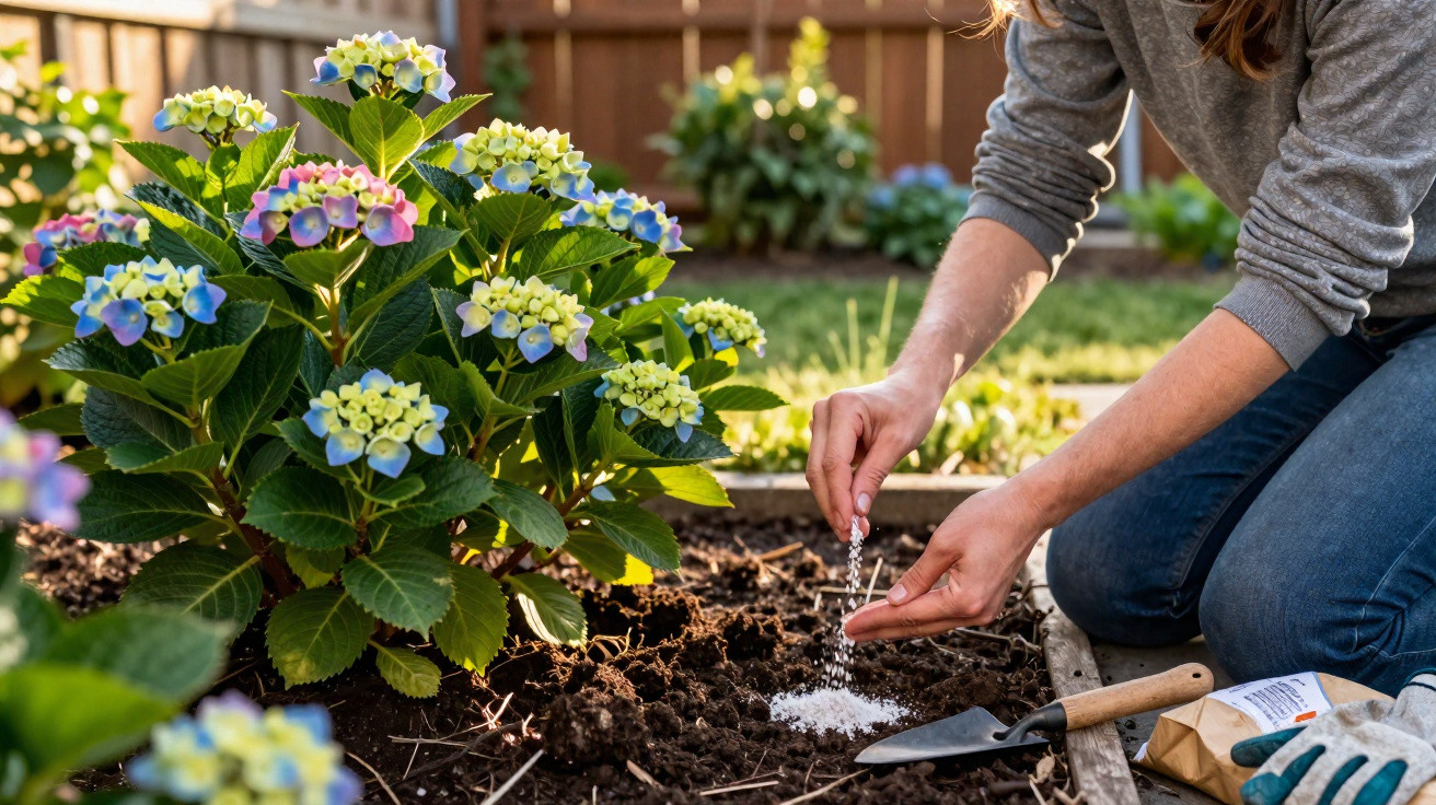 Person sprinkling fertiliser on soil next to blooming hydrangea plants in a sunny garden bed.