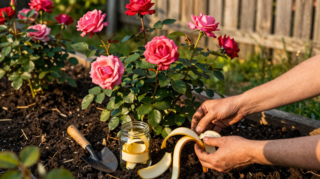 Hands placing banana peel near pink rose bush in garden soil, small gardening trowel and jar nearby.