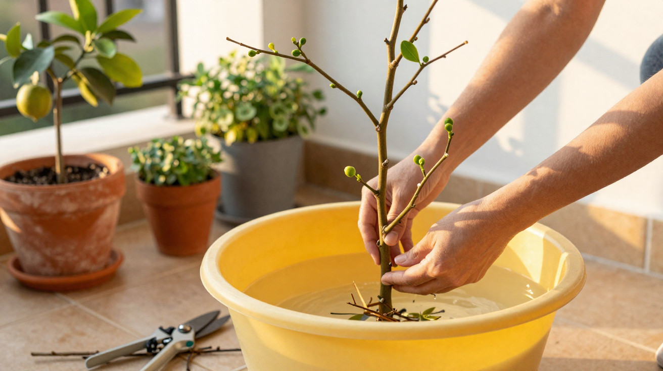 Hands soaking a small potted branch in a yellow basin of water indoors near other potted plants.