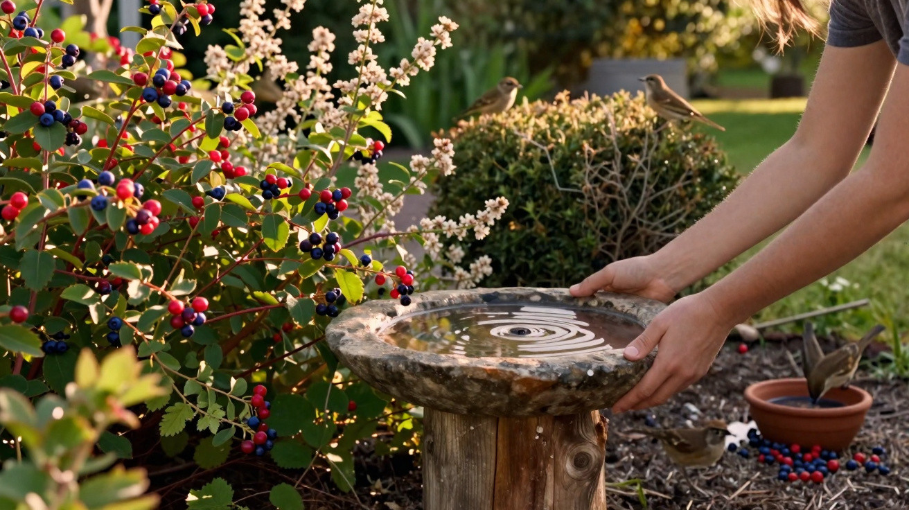 Hands holding a stone birdbath with rippling water in a garden with berry bushes and small birds nearby.