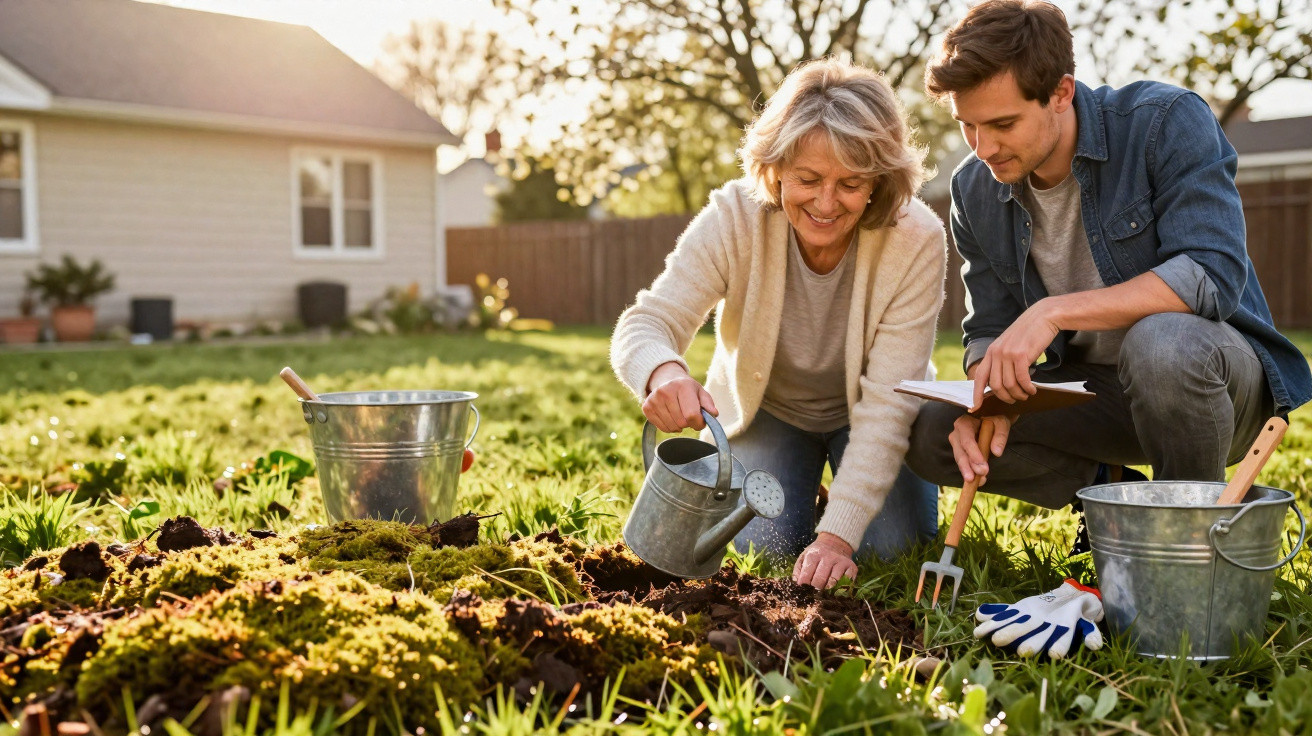 Older woman watering soil in garden with younger man taking notes beside her in bright backyard.