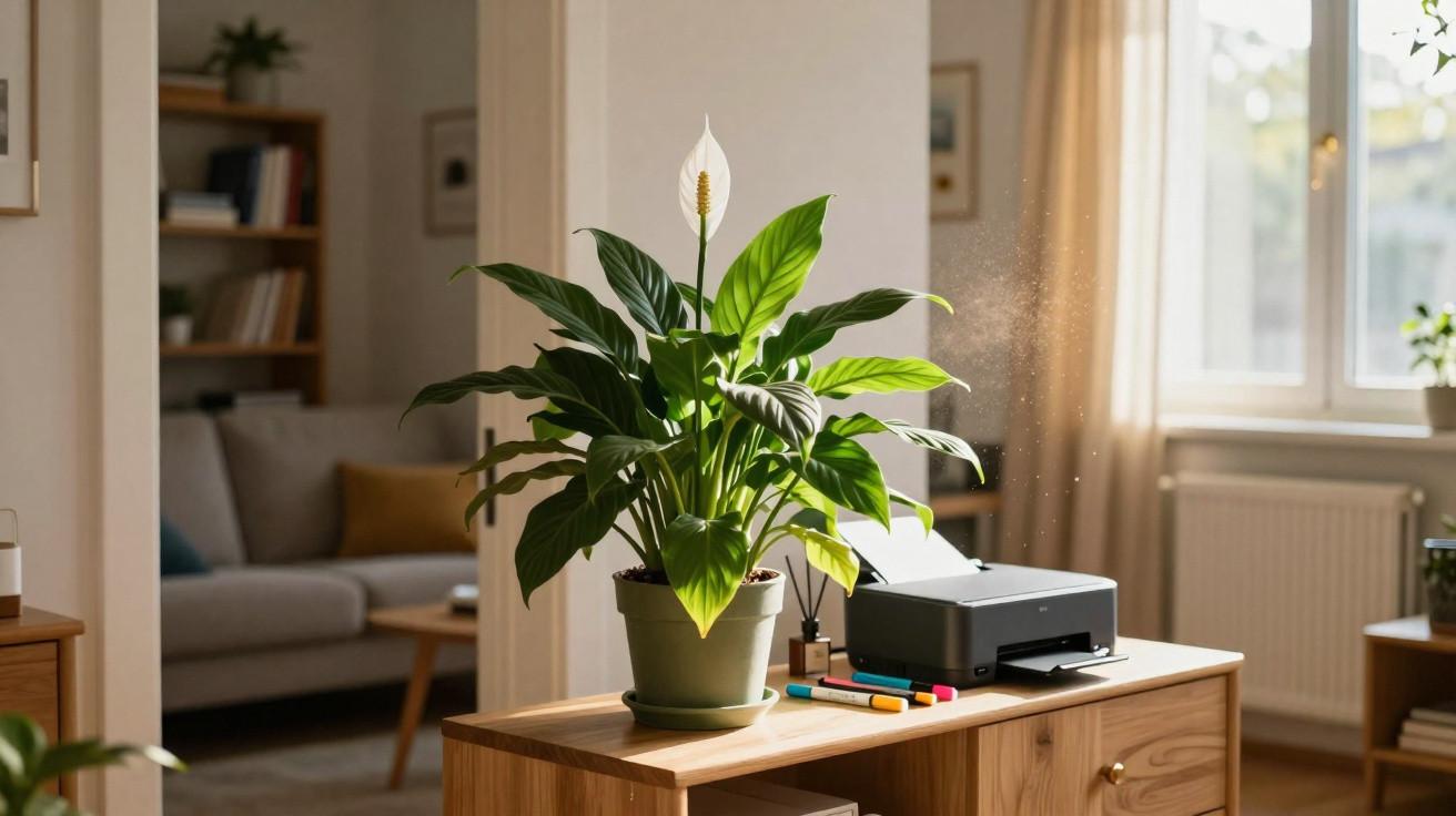 Peace lily plant and printer on wooden cabinet in sunlit living room with sofa and window in background.