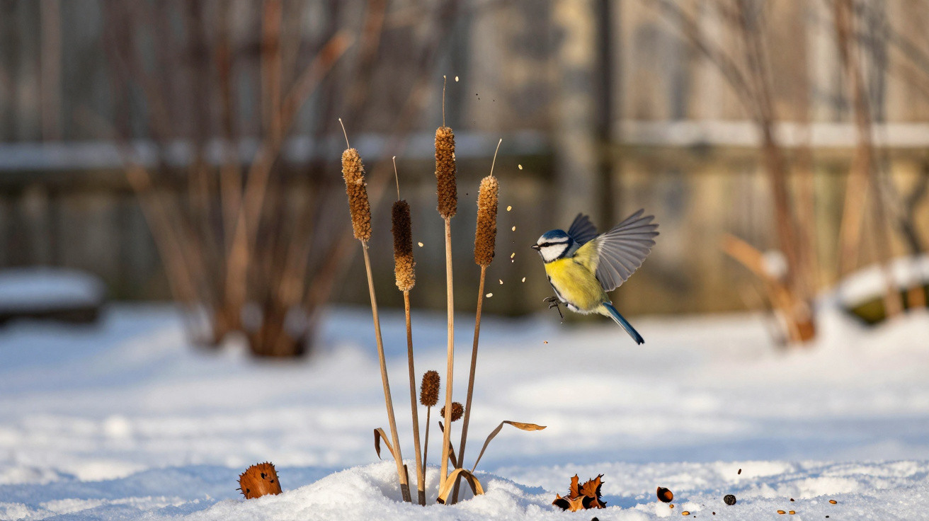 Blue tit bird in flight near cattail plants in snowy garden with wooden fence background in winter sunlight.