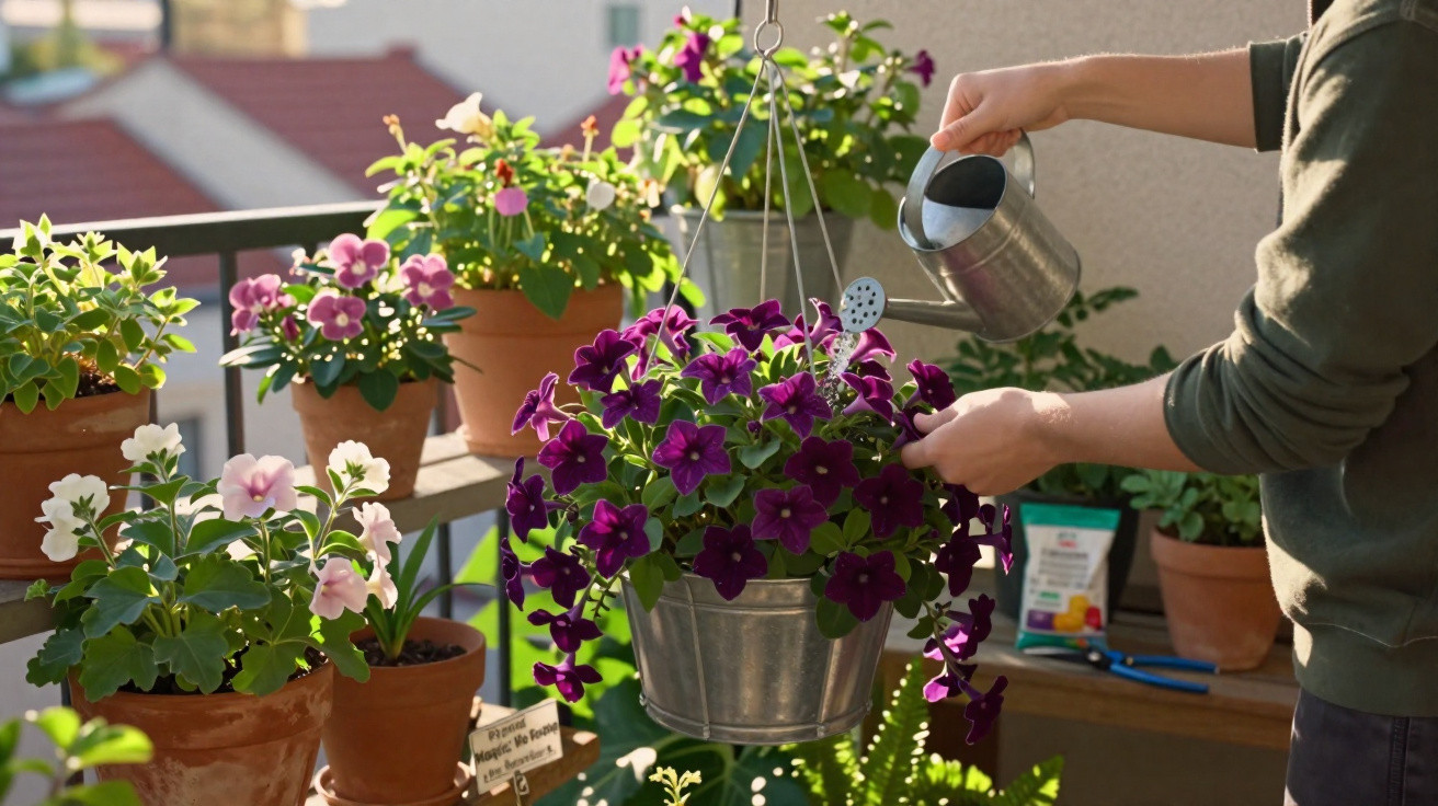 Person watering hanging basket of purple flowers on balcony with potted plants in terracotta pots in daylight.